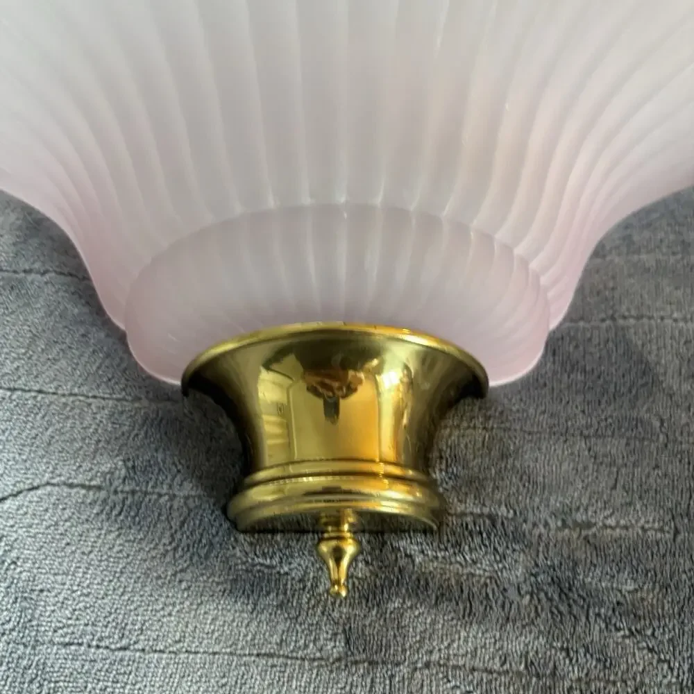 Vintage Frosted Pink Glass & Brass Fan Wall Sconce Light Fixture Art Deco Style